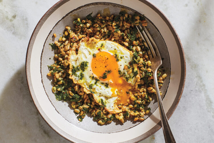Greens, grains and fried egg
